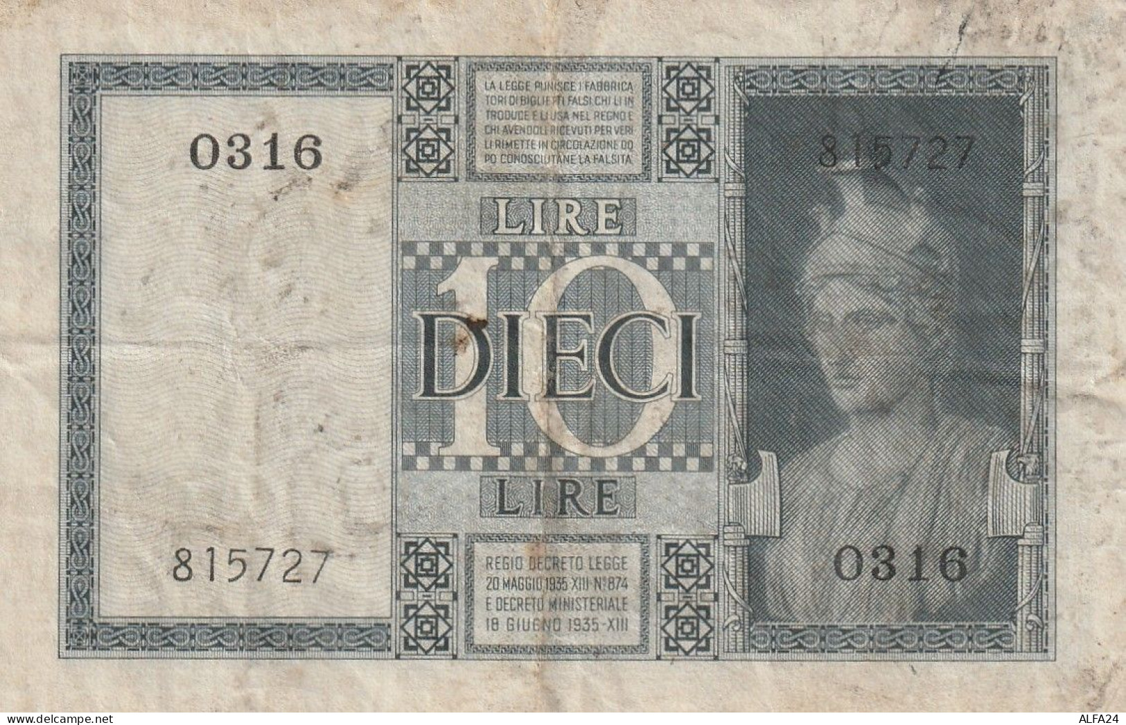 BANCONOTA ITALIA REGNO BIGLIETTO DI STATO LIRE 10 VF  (B_399 - Italië – 10 Lire