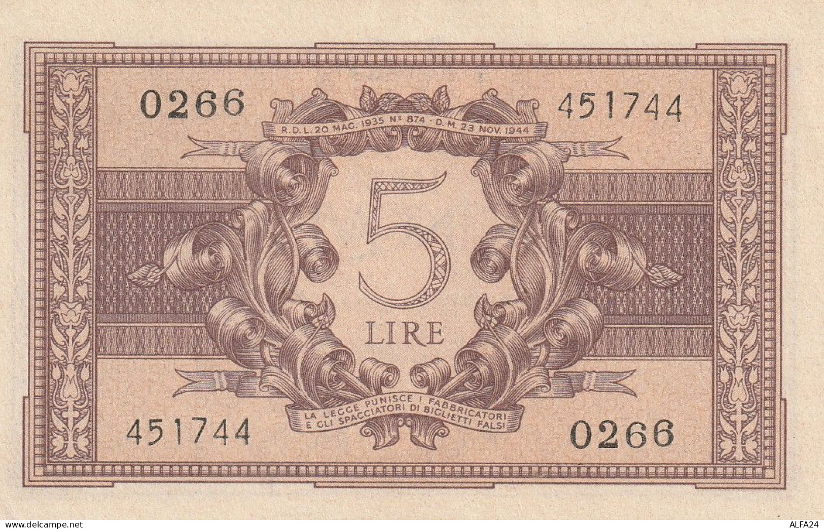 BANCONOTA ITALIA REGNO BIGLIETTO DI STATO LIRE 5 UNC  (B_391 - Italië– 5 Lire