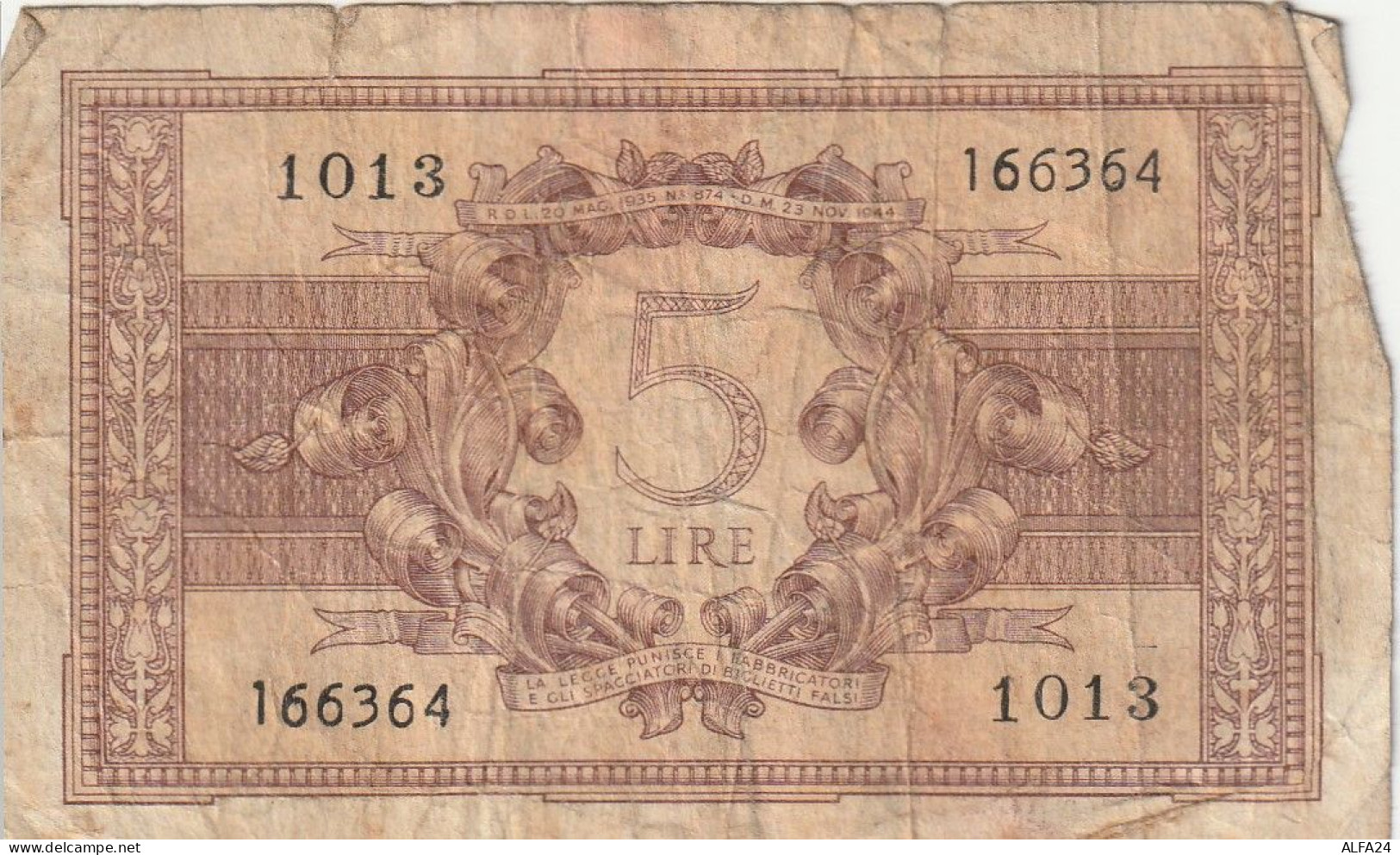 BANCONOTA ITALIA REGNO BIGLIETTO DI STATO LIRE 5 VF  (B_394 - Italië– 5 Lire