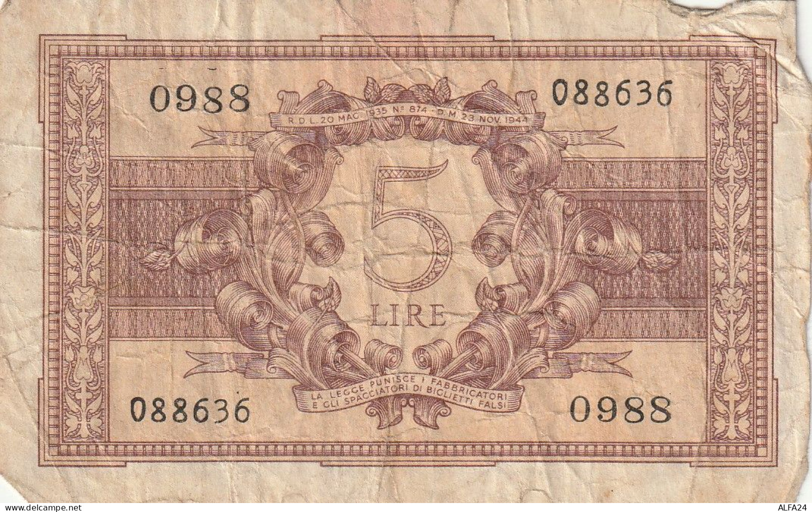 BANCONOTA ITALIA REGNO BIGLIETTO DI STATO LIRE 5 VF  (B_395 - Italia – 5 Lire