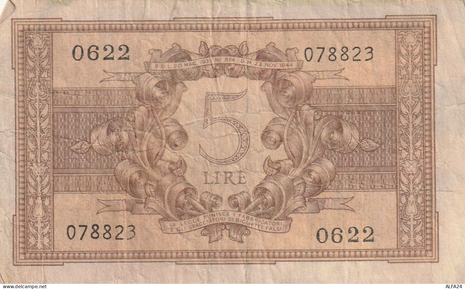 BANCONOTA ITALIA REGNO BIGLIETTO DI STATO LIRE 5 VF  (B_393 - Italië– 5 Lire