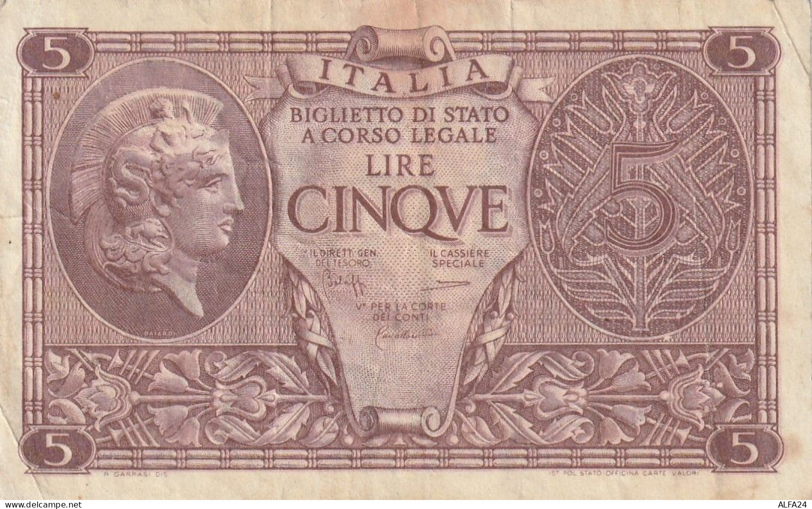 BANCONOTA ITALIA REGNO L.5 BIGLIETTO DI STATO 1944 VF  (B_379 - Italia – 5 Lire