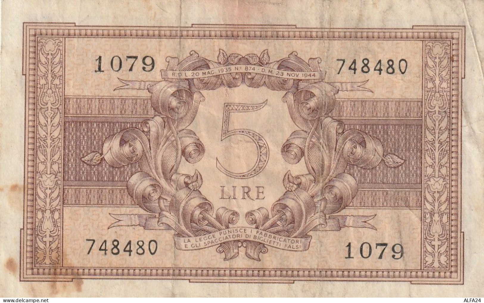 BANCONOTA ITALIA REGNO L.5 BIGLIETTO DI STATO 1944 VF  (B_379 - Italië– 5 Lire