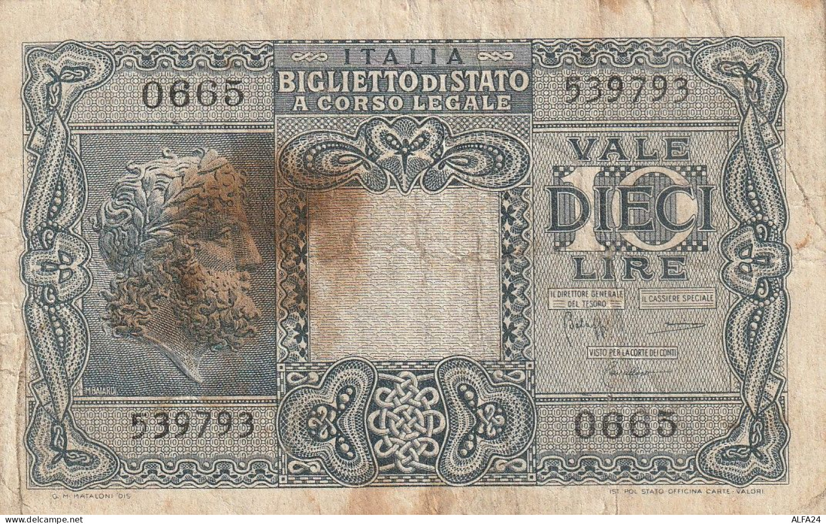 BANCONOTA ITALIA REGNO L.10 BIGLIETTO DI STATO VF  (B_373 - Italië – 10 Lire