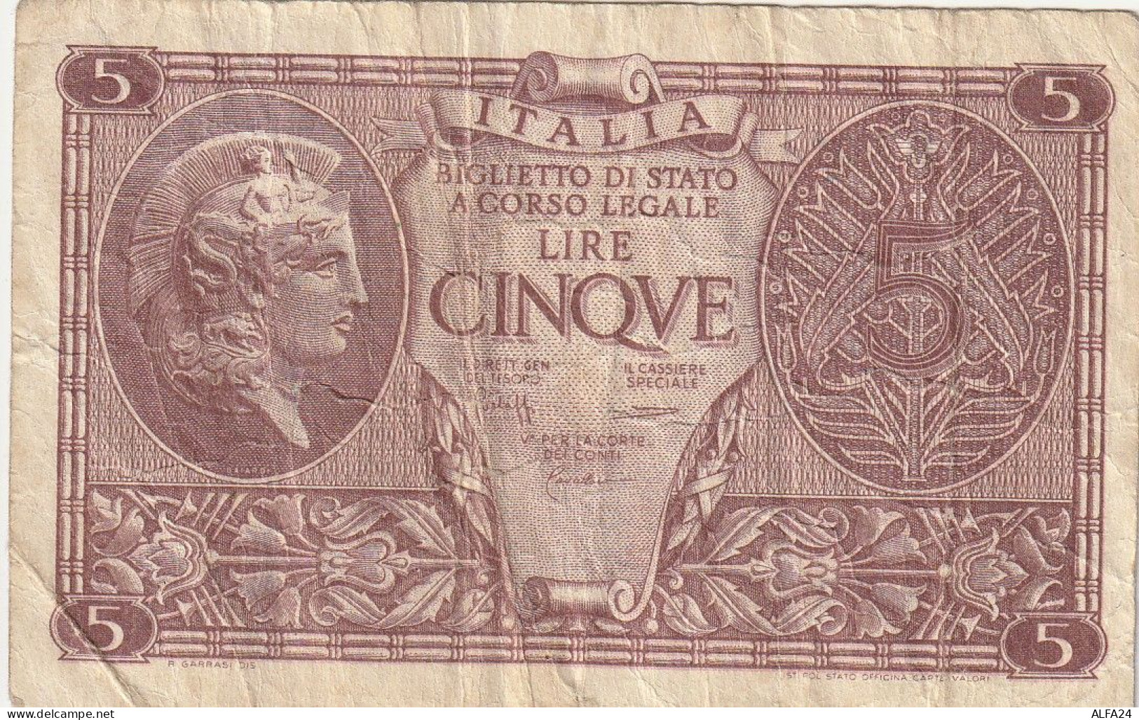 BANCONOTA ITALIA REGNO L.5 BIGLIETTO DI STATO 1944 VF  (B_378 - Italia – 5 Lire