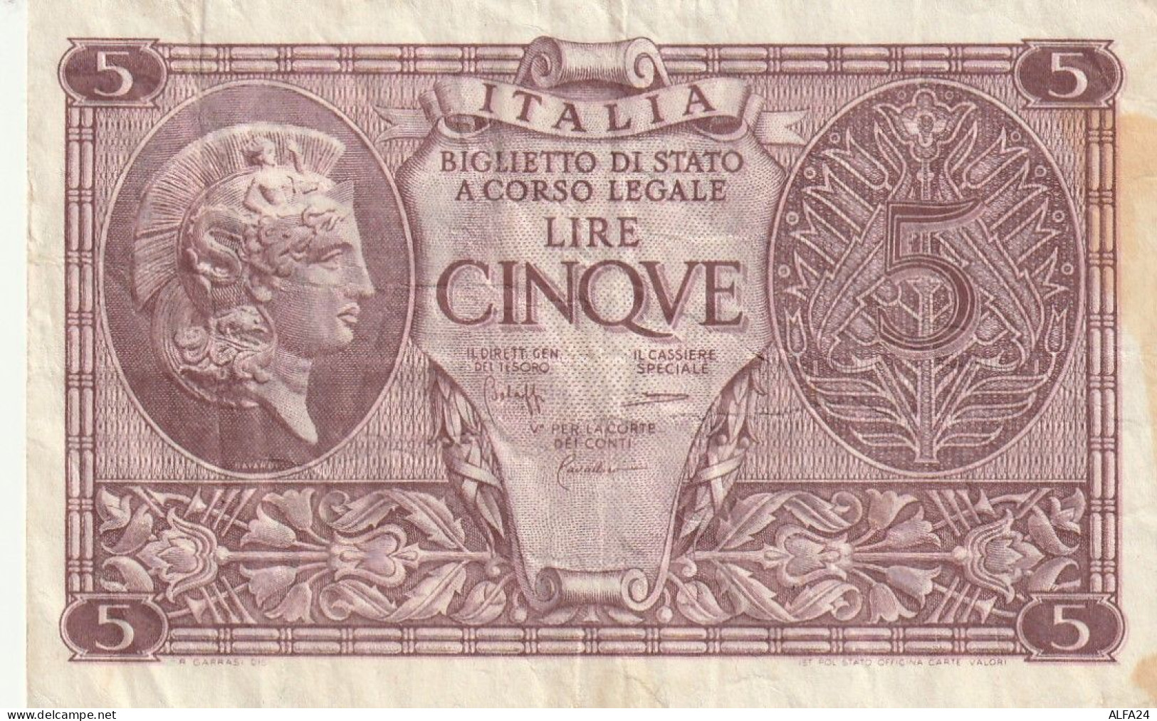 BANCONOTA ITALIA REGNO L.5 BIGLIETTO DI STATO 1944 VF  (B_377 - Italia – 5 Lire