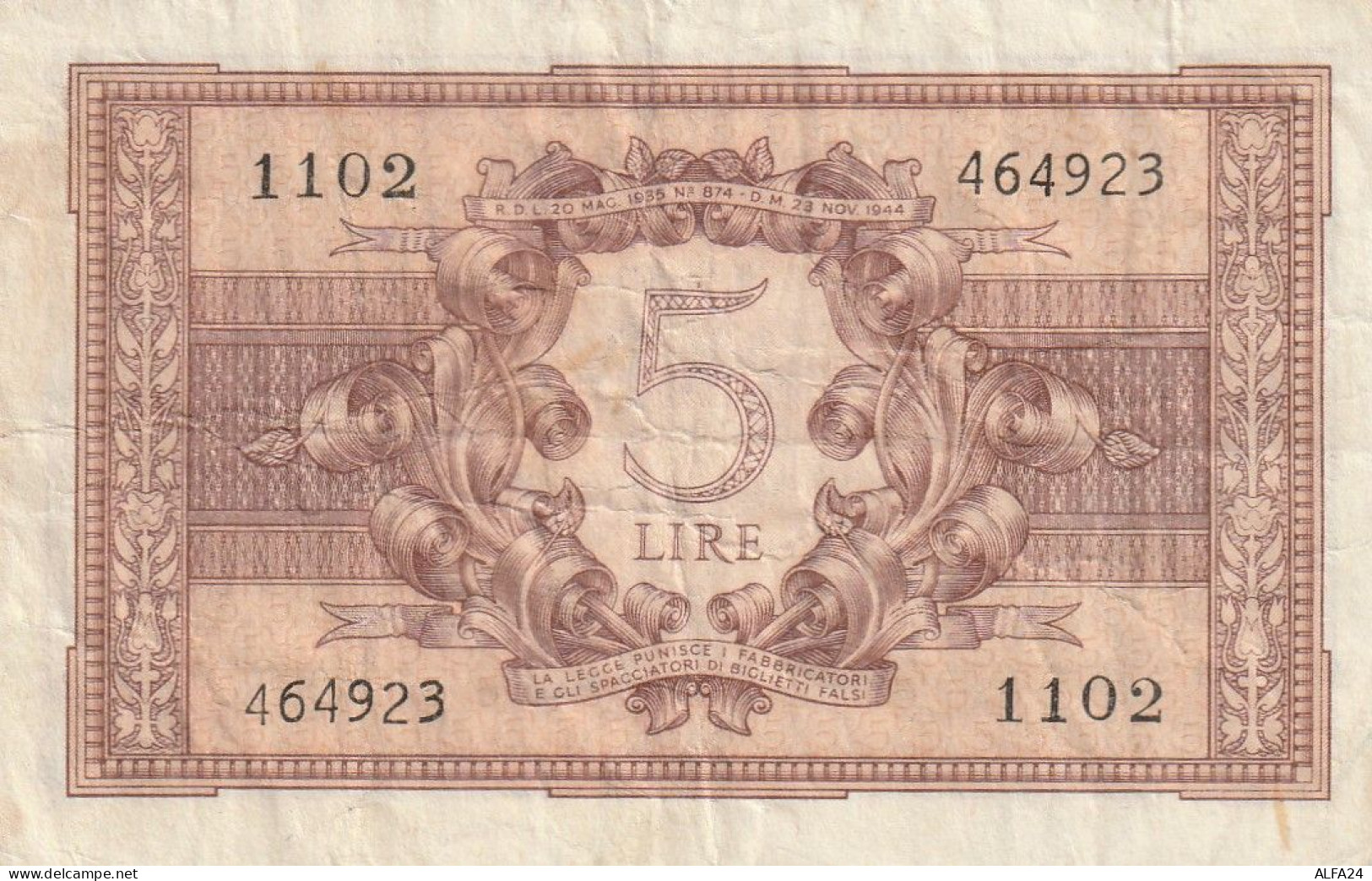 BANCONOTA ITALIA REGNO L.5 BIGLIETTO DI STATO 1944 VF  (B_377 - Italia – 5 Lire