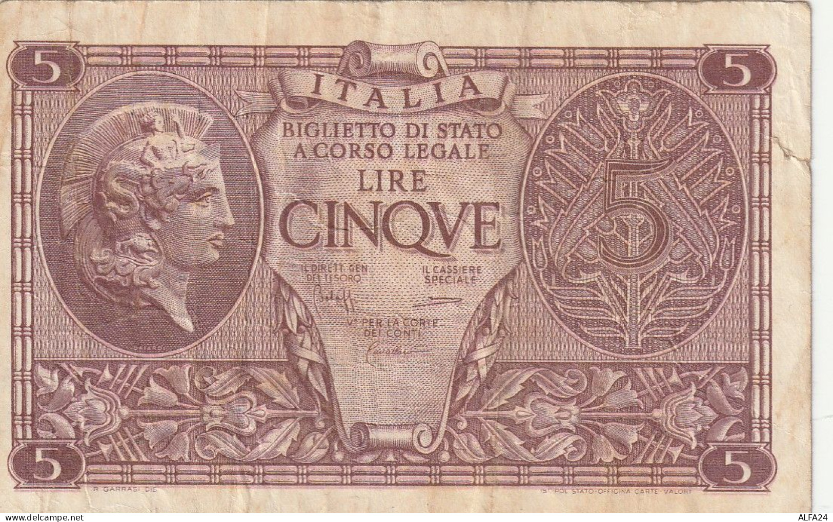 BANCONOTA ITALIA REGNO L.5 BIGLIETTO DI STATO 1944 VF  (B_376 - Italië– 5 Lire