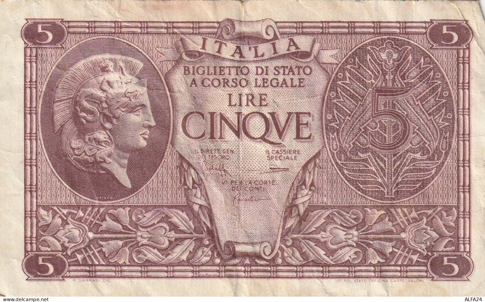 BANCONOTA ITALIA REGNO L.5 BIGLIETTO DI STATO 1944 VF  (B_374 - Italia – 5 Lire