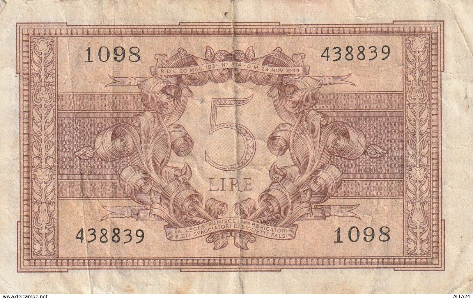 BANCONOTA ITALIA REGNO L.5 BIGLIETTO DI STATO 1944 VF  (B_374 - Italië– 5 Lire