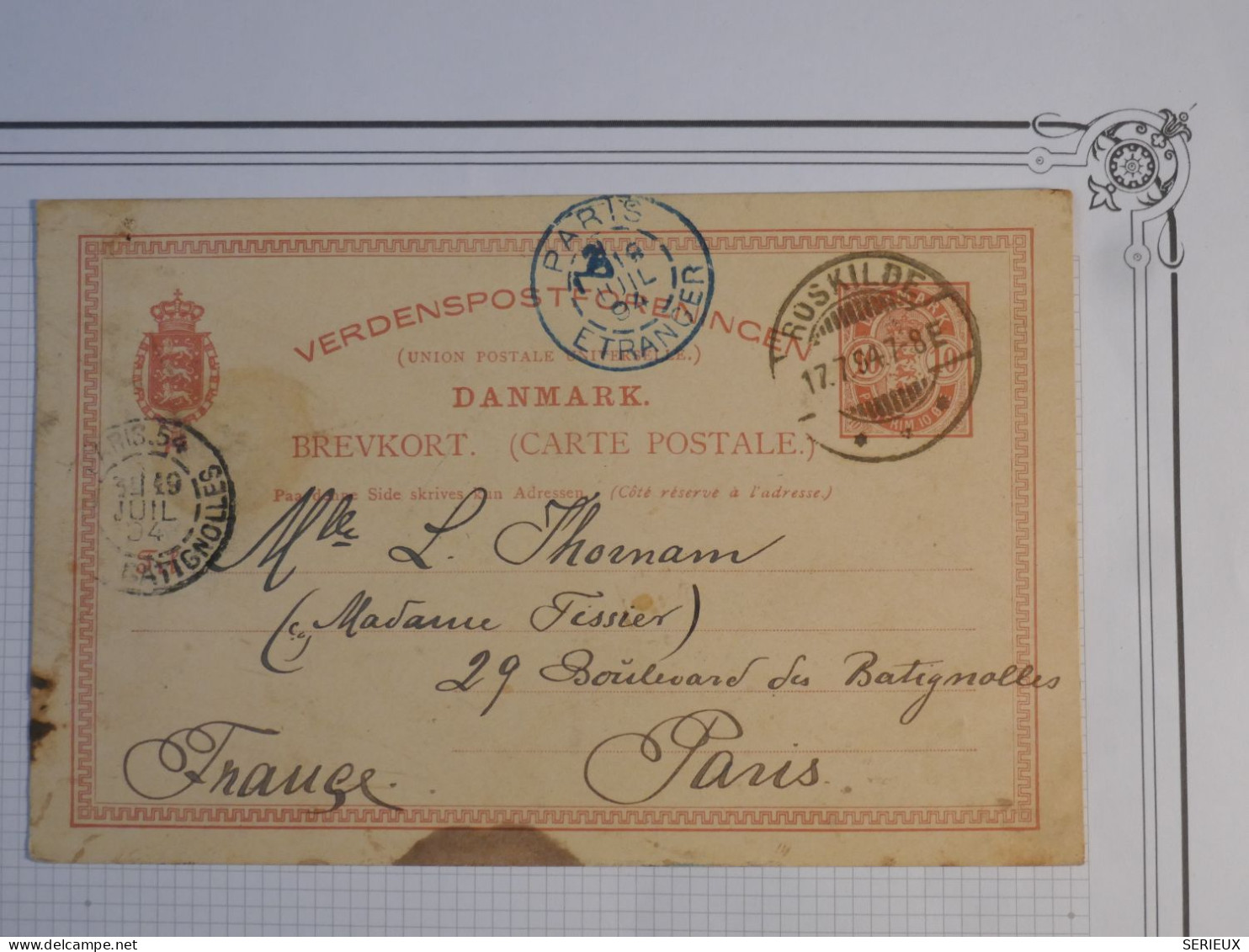 DI 16   DANEMARK BELLE   CARTE ENTIER  ENV. 1894 ROSKILDE   A PARIS FRANCE  + AFF. INTERESSANT+++ - Ganzsachen