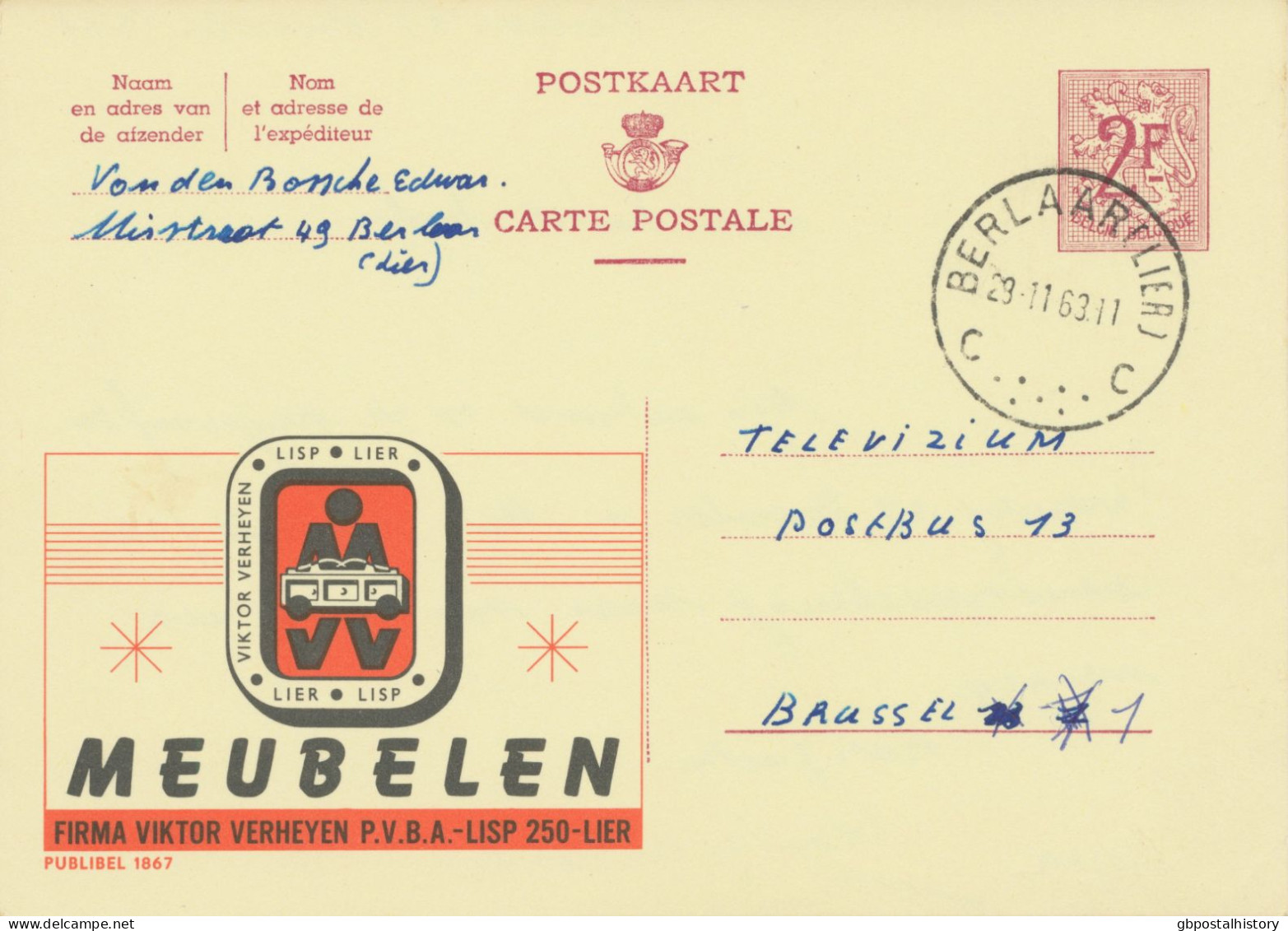 BELGIUM VILLAGE POSTMARKS  BERLAAR (LIER) C SC With Dots 1963 (Postal Stationery 2 F, PUBLIBEL 1867) - Oblitérations à Points