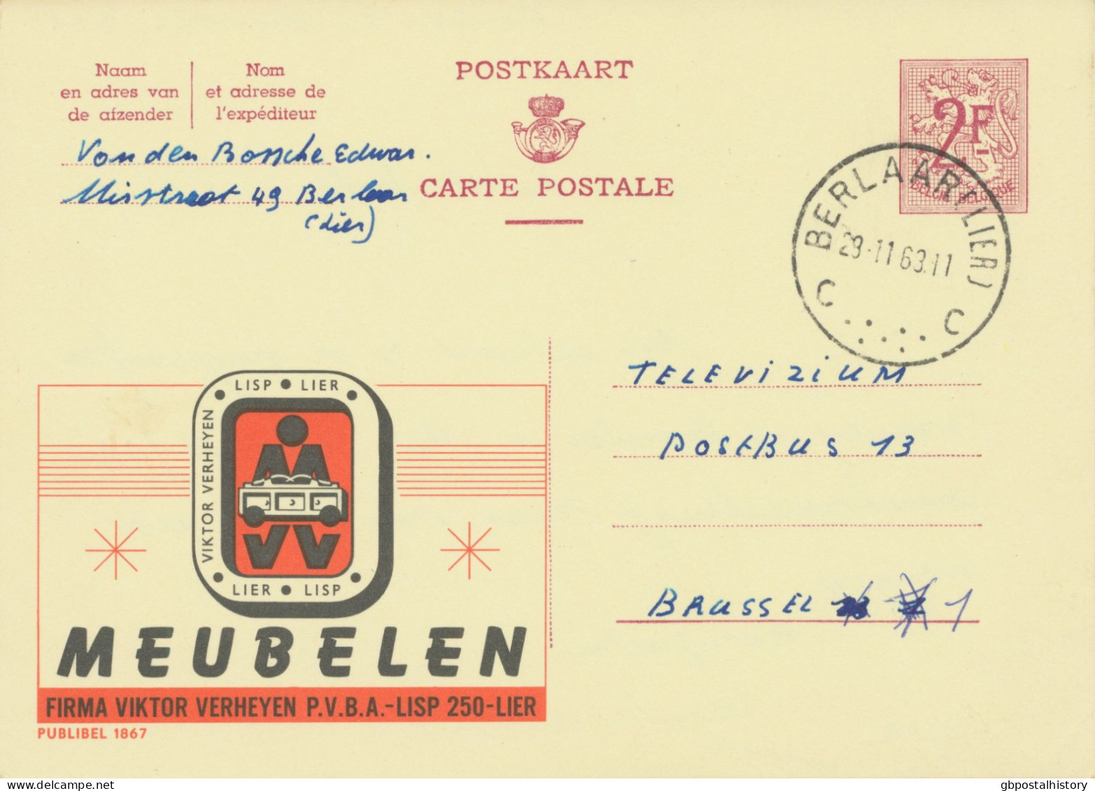 BELGIUM VILLAGE POSTMARKS  BERLAAR (LIER) C SC With Dots 1963 (Postal Stationery 2 F, PUBLIBEL 1867) - Matasellado Con Puntos