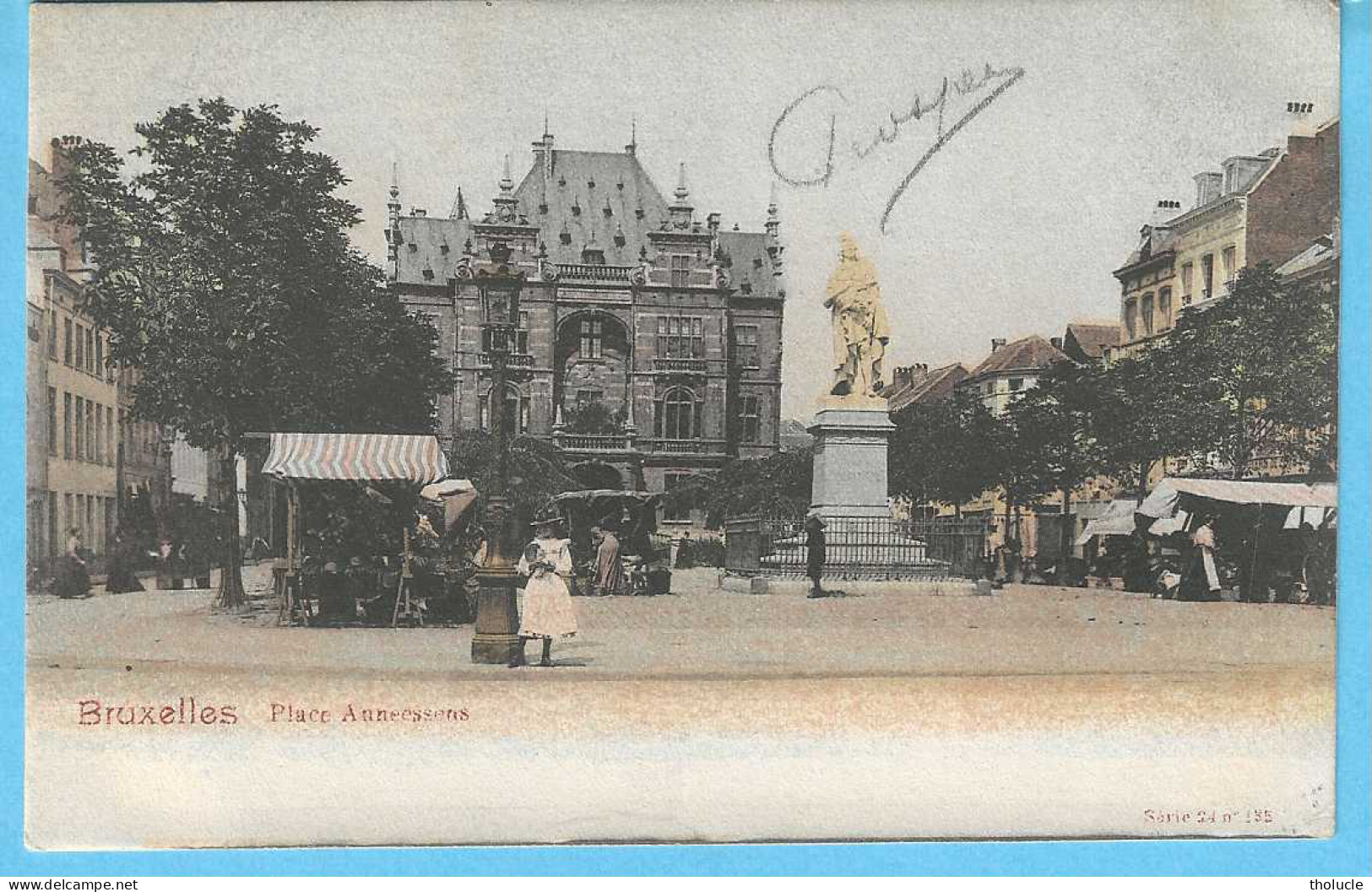 Bruxelles-1902-Place Anneessens-Le Marché Aux Fleurs-Animée-Colorisée-Précurseur - Markten