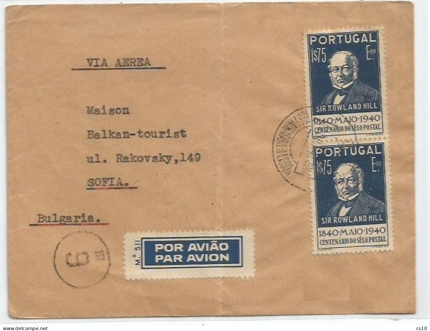 Portugal Rowland Hill Esc.1.75 Pair On Commerce AirmailCV Lisboa 22aug1940 X Bulgaria - Lettres & Documents