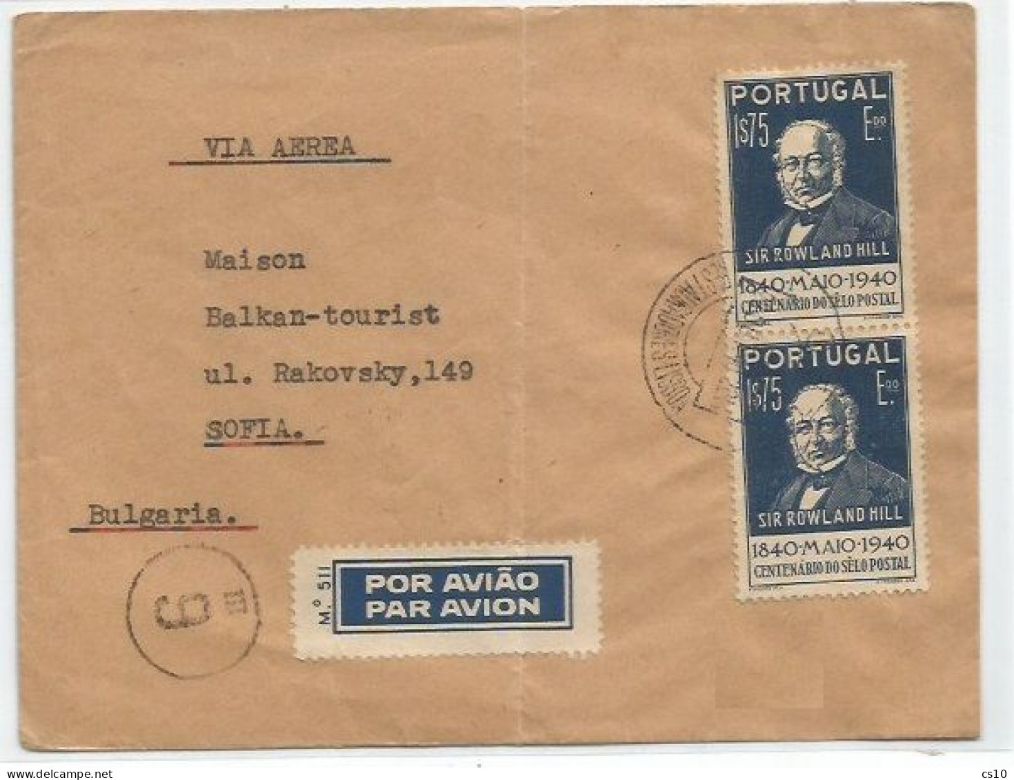 Portugal Rowland Hill Esc.1.75 Pair On Commerce AirmailCV Lisboa 22aug1940 X Bulgaria - Poststempel (Marcophilie)