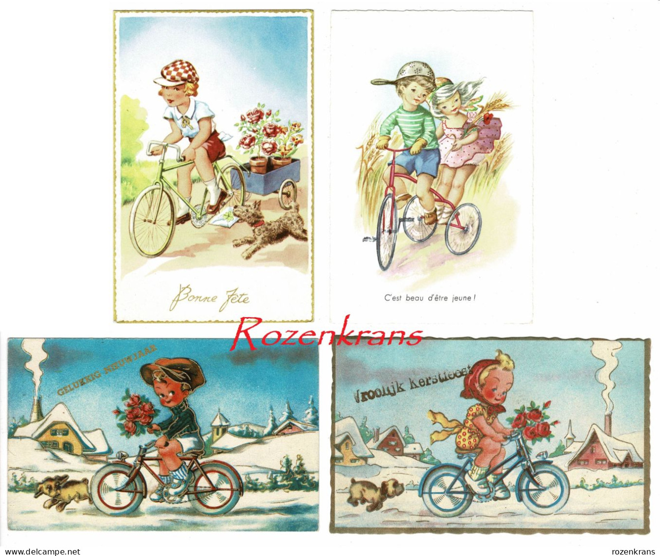 Lot 4 X CPA Illustree Fiets Bicycle Bicyclette Bicicleta Bicicletta Kind Enfant Child Hond Dog Chien Illustrateur - Contemporain (à Partir De 1950)
