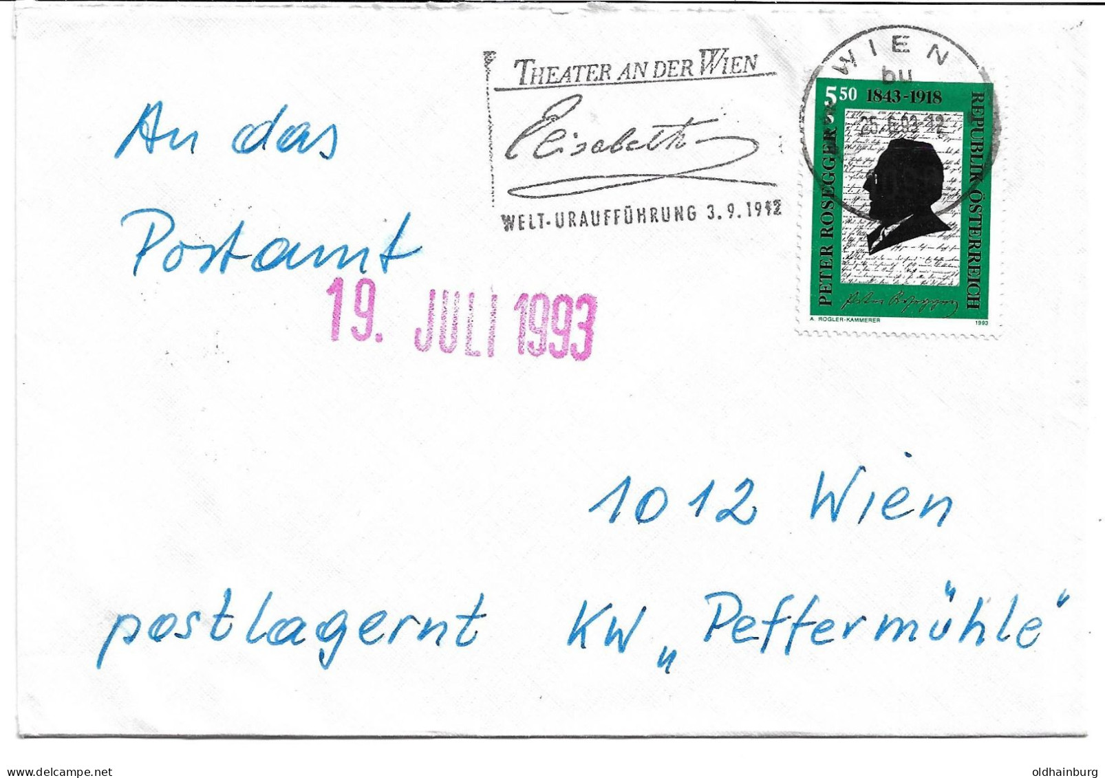 0502i: Österreich 1993, Literatur Peter Rosegger, Einzelfrankatur - Lettres & Documents