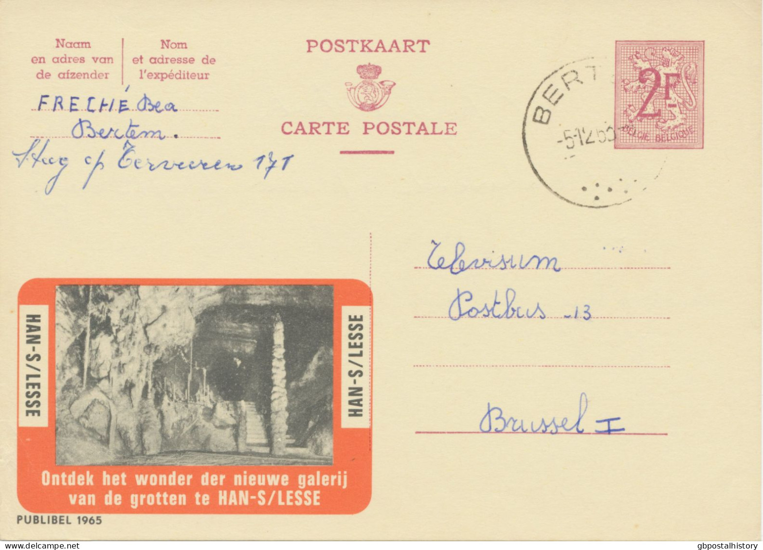 BELGIUM VILLAGE POSTMARKS  BERTEM SC With Dots 1963 (Postal Stationery 2 F, PUBLIBEL 1965) - Puntstempels