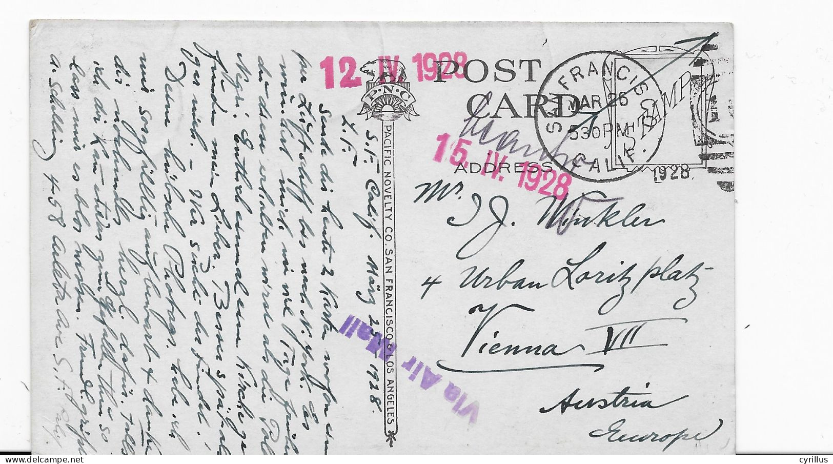 CPA ETATS UNIS - SAN FRANCISCO - VIENNA- 10C LINDBERGH AIR MAIL  1928 - Other & Unclassified