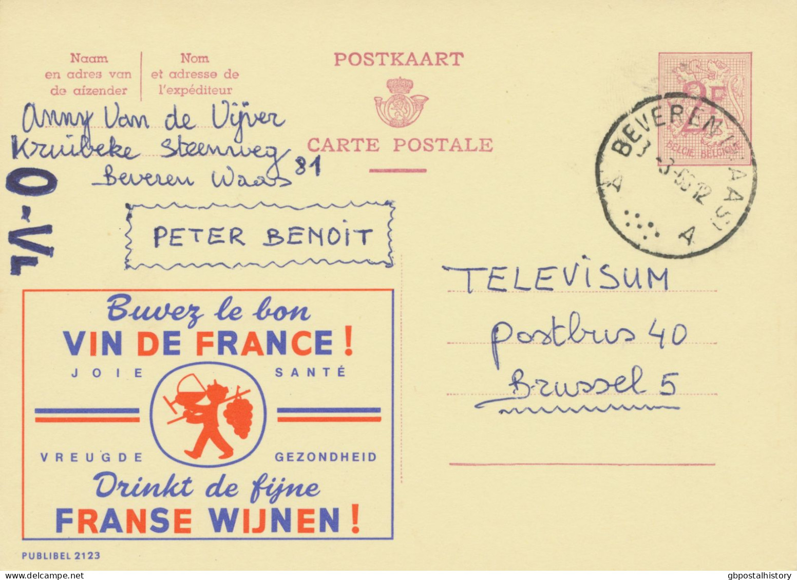 BELGIUM VILLAGE POSTMARKS  BEVEREN (WAAS) A SC With Dots 1966 (Postal Stationery 2 F, PUBLIBEL 2123) - Matasellado Con Puntos