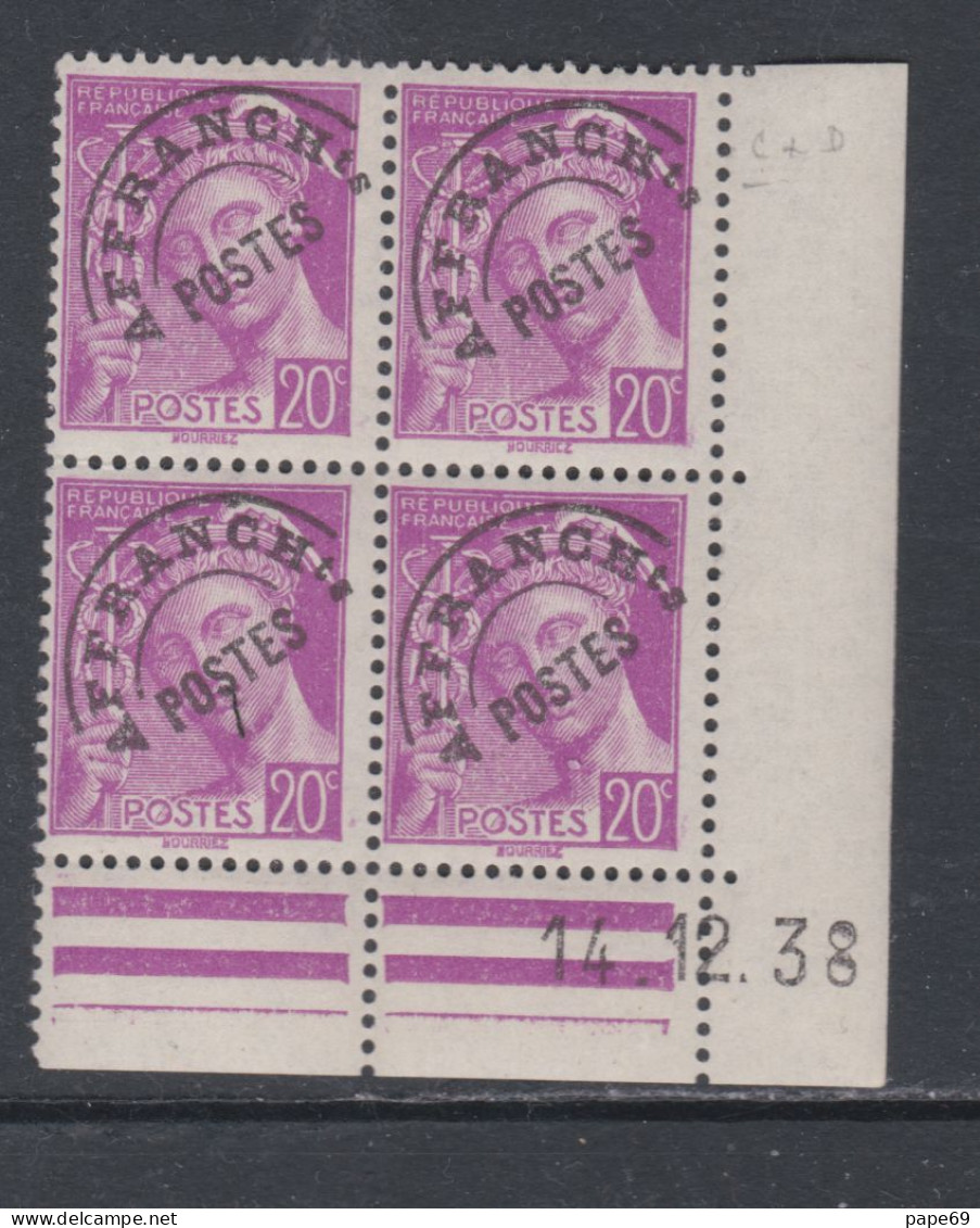 France Préoblitéré N° 78 XX Type Mercure  20 C. Lilas En Bloc De 4 Coin Daté Du 14 . 12 . 38 ;  Sans Charnière, TB - Préoblitérés