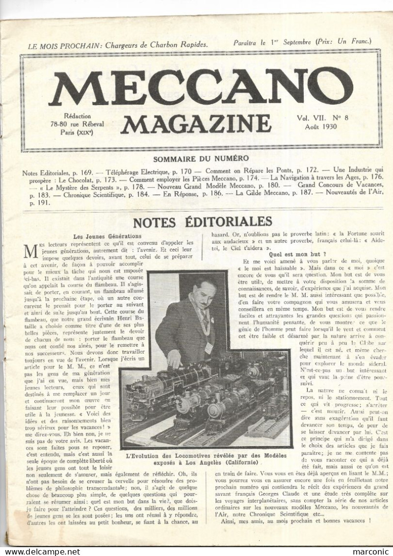 MECCANO MAGAZINE - Août 1930, Volume Vii, N°8 -- Transporteur Téléphérique Electrique - Modelismo