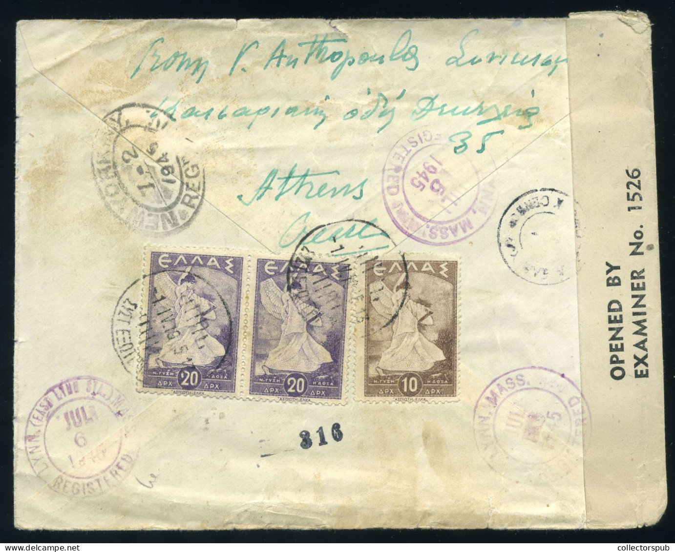 GREECE 1945. Registered, Censored Cover To USA - Lettres & Documents