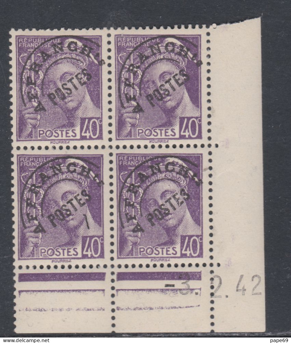 France Préoblitéré N° 81 XX Type Mercure  40 C. Violet En Bloc De 4 Coin Daté Du 3 . 2 . 42 ;  Sans Charnière, TB - Vorausentwertungen