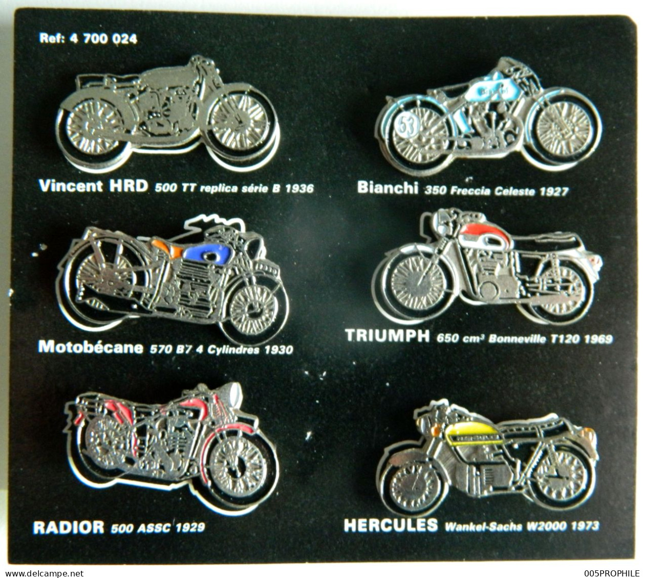 * Plaquette 6 Pin's - Moto Motos Motorrad - Vincent HRD 500 TT Bianchi 350 Motobécane Triumph Radior Hercules - Motos
