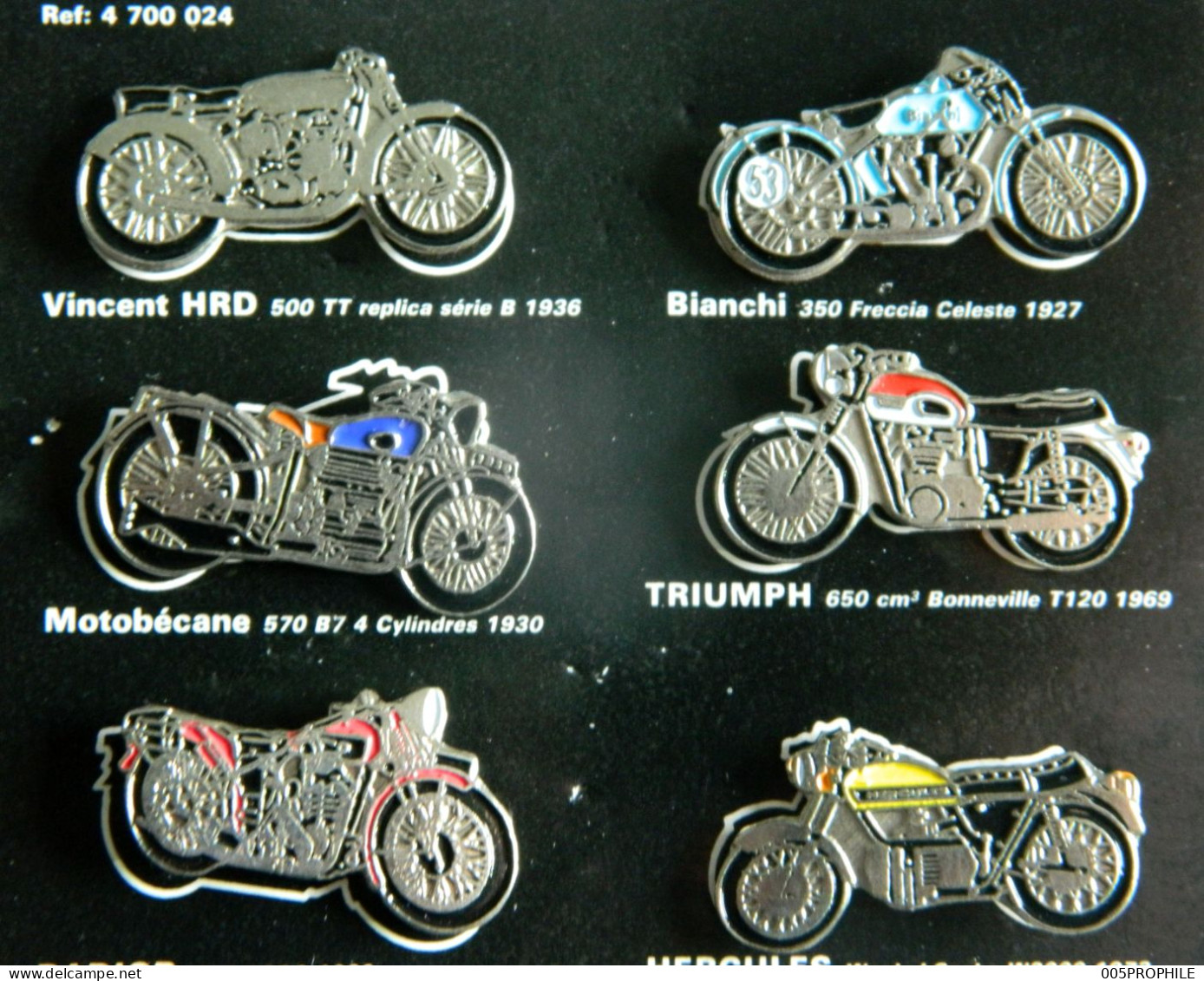 * Plaquette 6 Pin's - Moto Motos Motorrad - Vincent HRD 500 TT Bianchi 350 Motobécane Triumph Radior Hercules - Motos