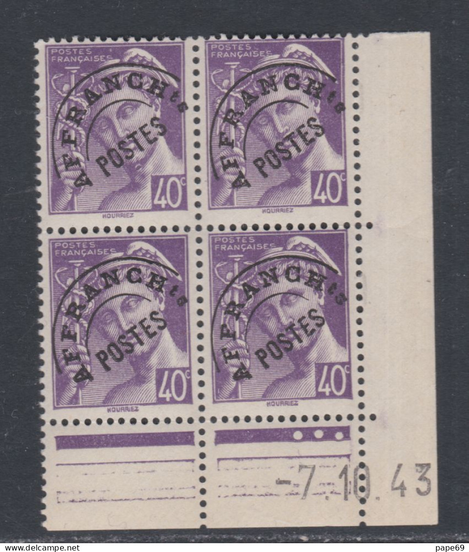 France Préoblitéré N° 81 XX Type Mercure  40 C. Violet En Bloc De 4 Coin Daté Du 7 . 10 . 43 ; 3 Pts, Sans Charnière, TB - Préoblitérés