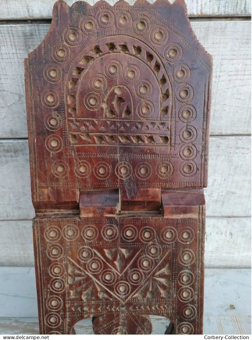 Ancien Porte Coran Orientaliste Bois Sculpté Monoxyle Rahle