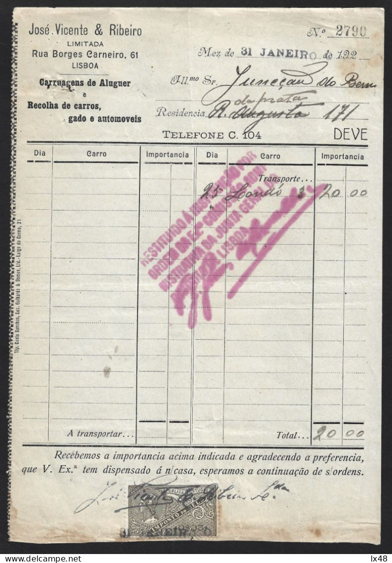 Landau Carriage. Landau Carriage Rental Invoice From 1921. Garage Carriage Rental, Collection Of Cars, Livestock And Aut - Portugal