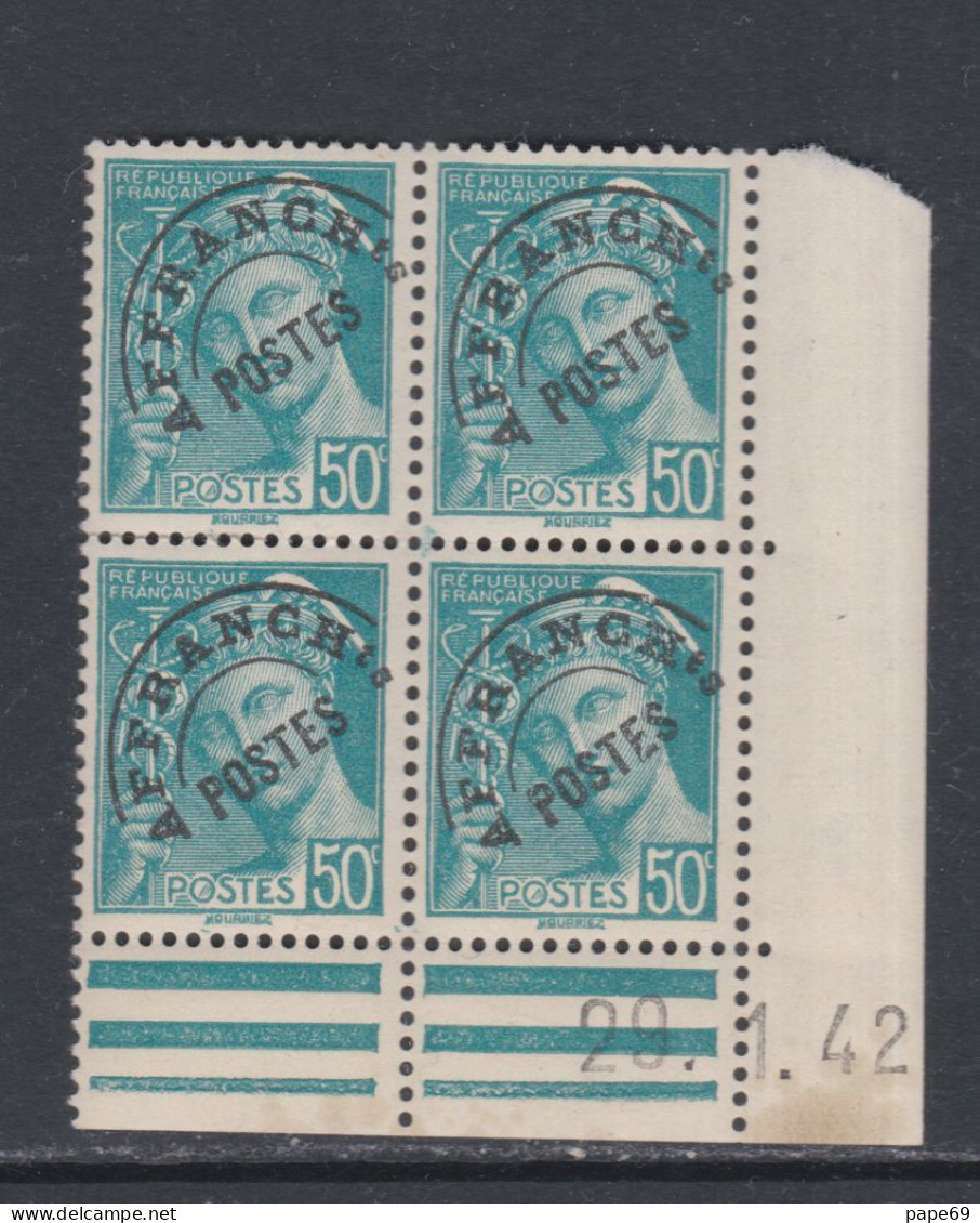 France Préoblitéré N° 82 XX Type Mercure  50 C. Turquoise En Bloc De 4 Coin Daté Du 20 . 1 . 42 ; Ss Charnière, TB - Precancels