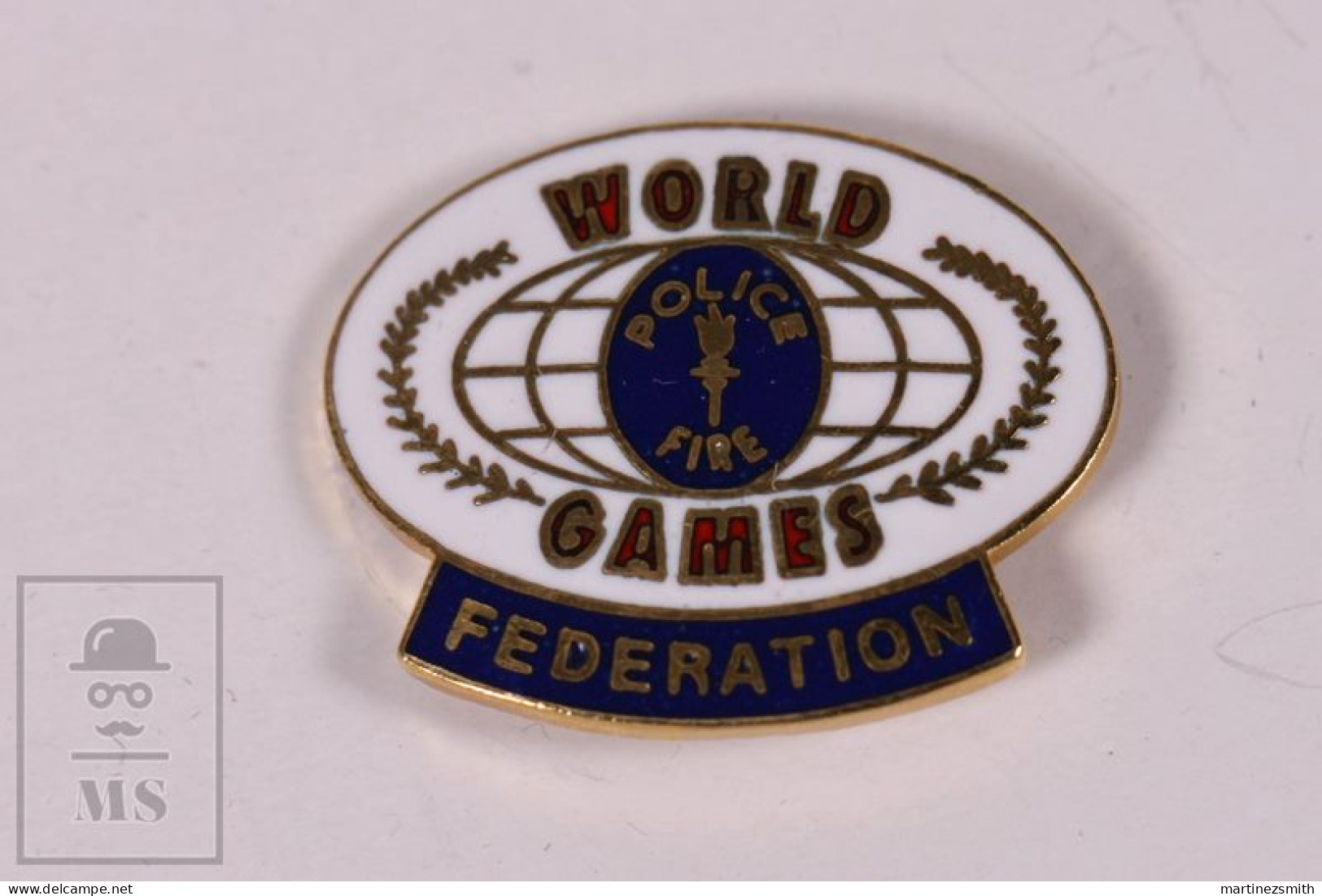 Pin Police World Games Federation - 22 X 25 Mm - Marked Backside All American Pin Co. - Butterfly Fastener - Police