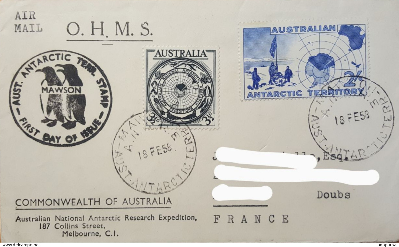 Pli Base Antarctique Australie Posté Base Mawson 18 Fev 1958. AGI. - Lettres & Documents