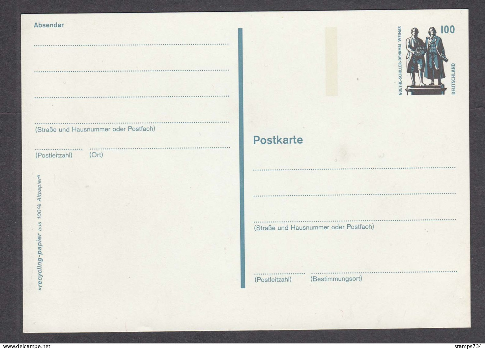 BRD 12/1997 - 100 Pf., Goethe-Schiller Monument, Weimar, Post. Stationery, Mint - Postkaarten - Ongebruikt