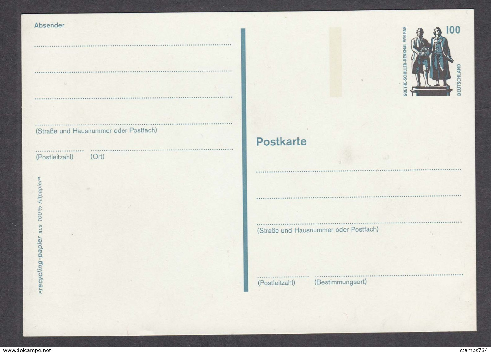 BRD 12/1997 - 100 Pf., Goethe-Schiller Monument, Weimar, Post. Stationery, Mint - Cartoline - Nuovi