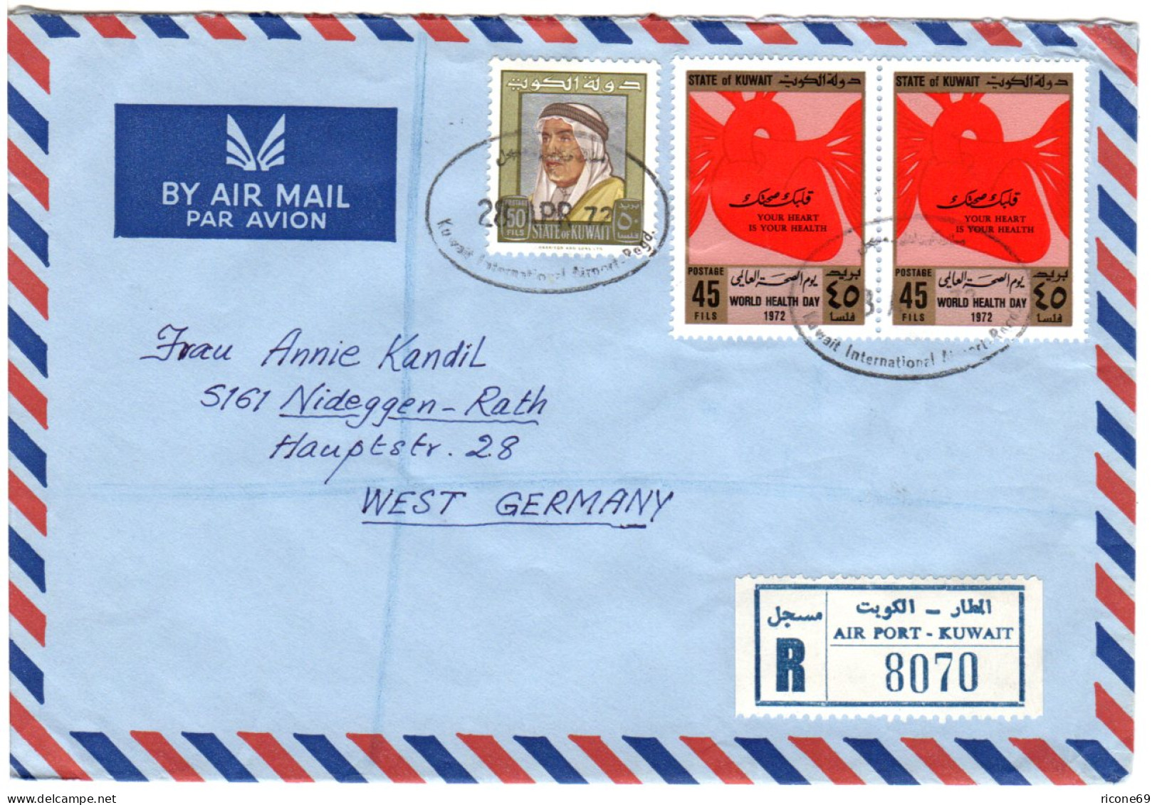 Kuwait 1972, 50+2x45 F. World Health Day Auf Luftpost Reko Brief N. Deutschland - Altri - Asia