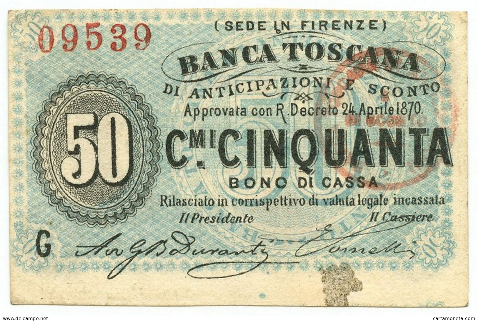 50 CENTESIMI BANCA TOSCANA DI ANTICIPAZIONI E SCONTO FIRENZE 24/04/1870 BB/SPL - Sonstige & Ohne Zuordnung