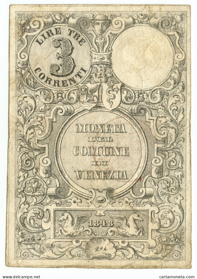 3 LIRE MONETA DEL COMUNE DI VENEZIA 1848 BB - Sonstige & Ohne Zuordnung