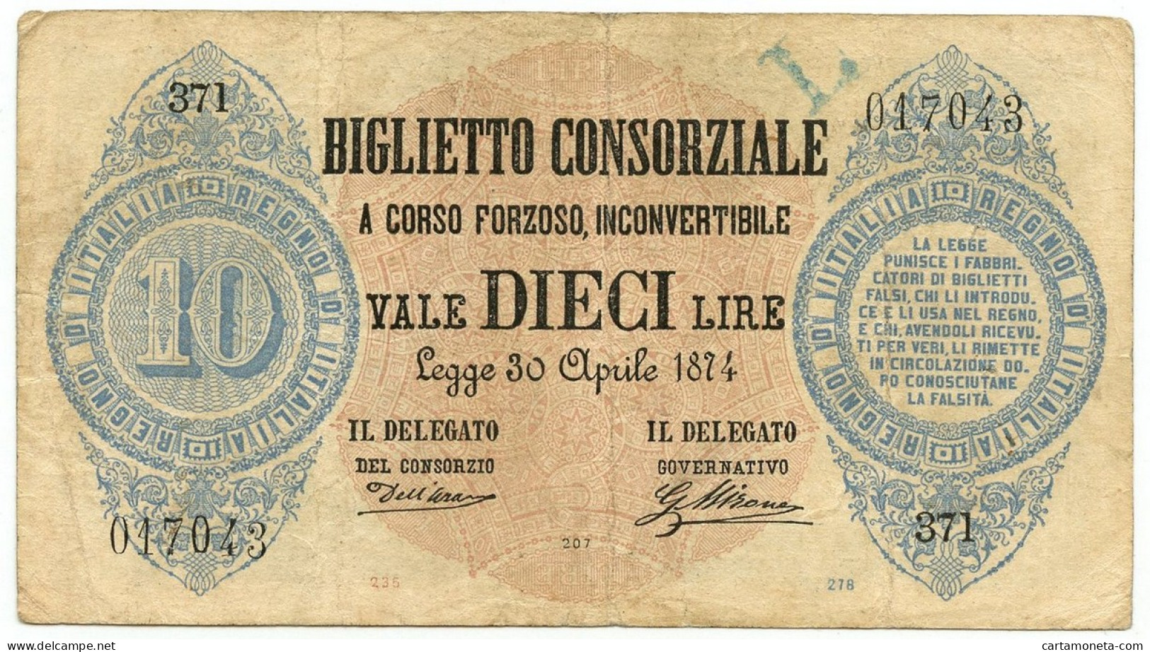 10 LIRE BIGLIETTO CONSORZIALE REGNO D'ITALIA 30/04/1874 BB - Biglietto Consorziale