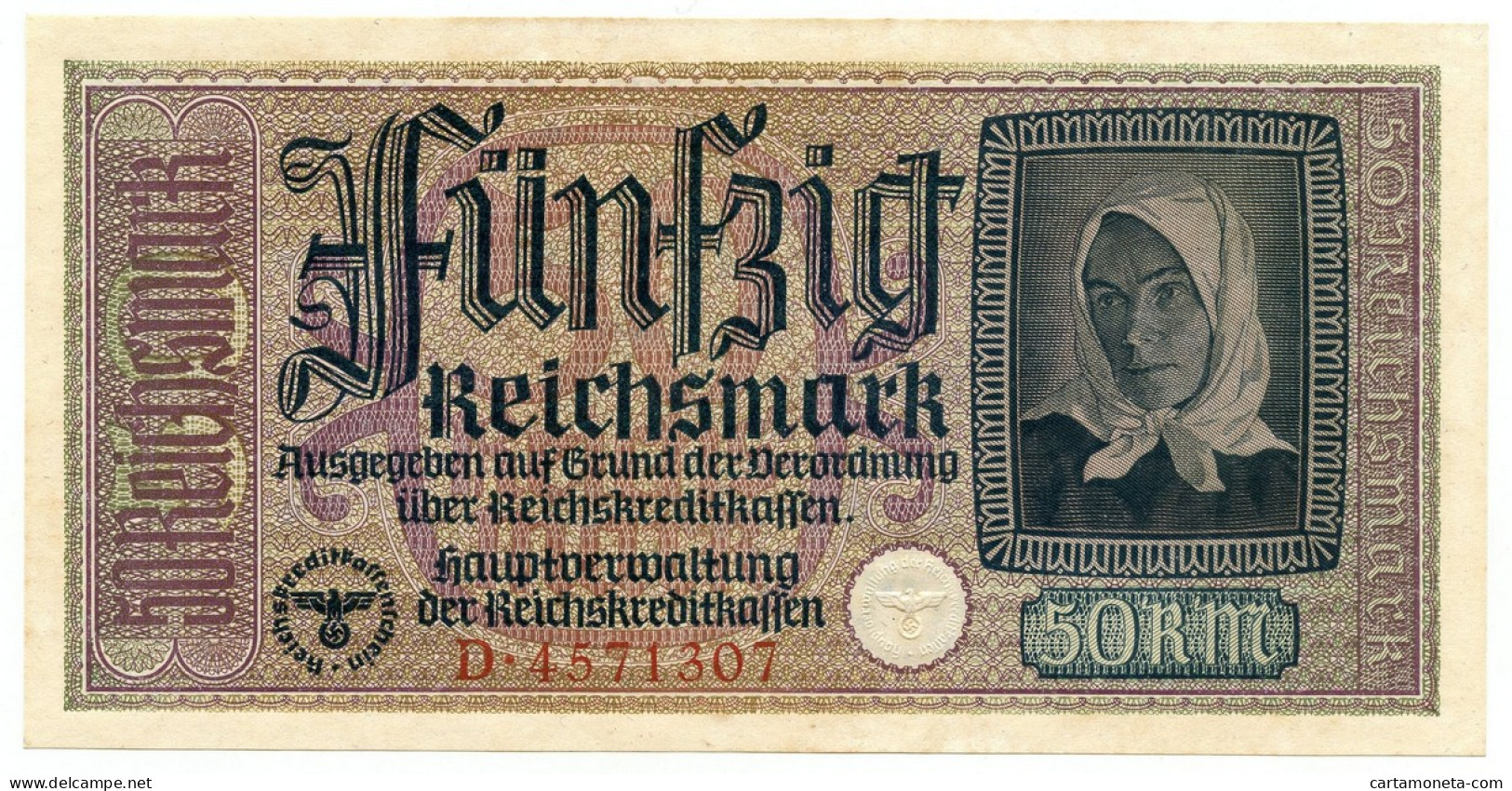 50 REICHSMARK OCCUPAZIONE TEDESCA ITALIA REICHSKREDITKASSEN 1943 SUP+ - Occupazione Alleata Seconda Guerra Mondiale