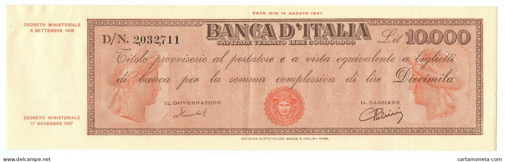 10000 LIRE TITOLO PROVVISORIO MEDUSA REPUBBLICA ITALIANA 06/09/1949 SUP- - Autres & Non Classés