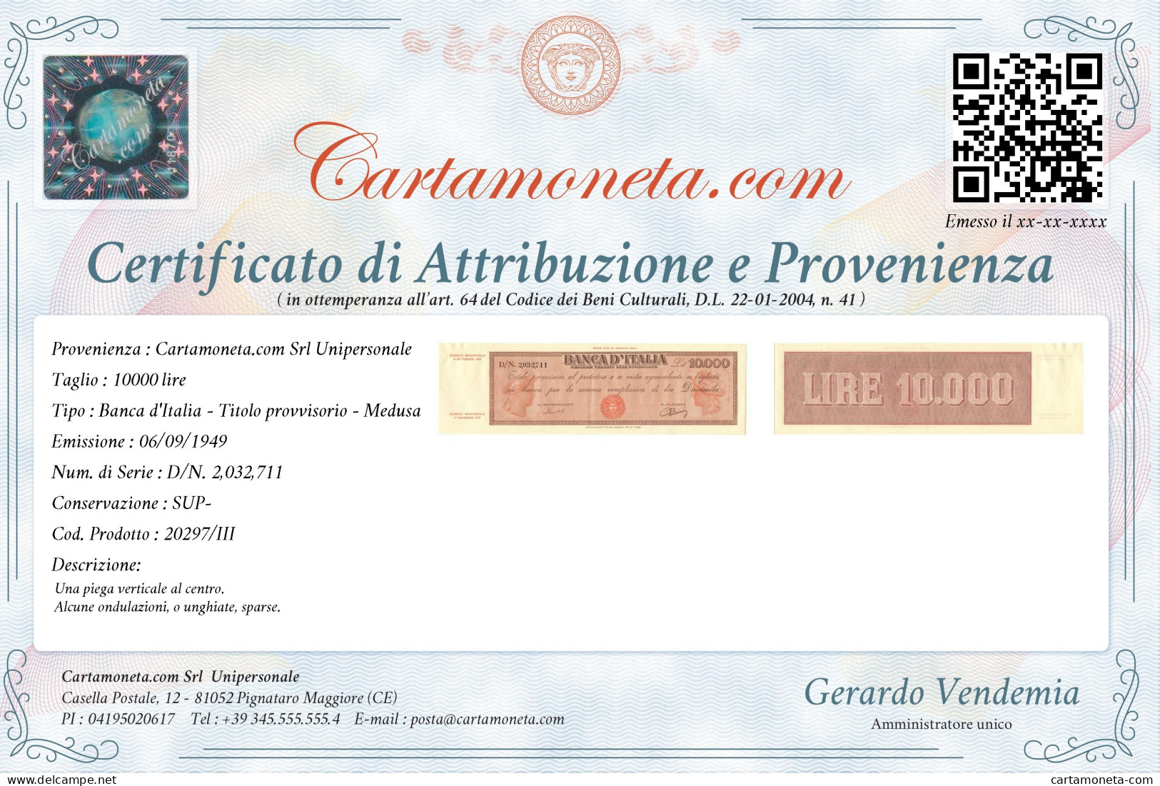 10000 LIRE TITOLO PROVVISORIO MEDUSA REPUBBLICA ITALIANA 06/09/1949 SUP- - Other & Unclassified