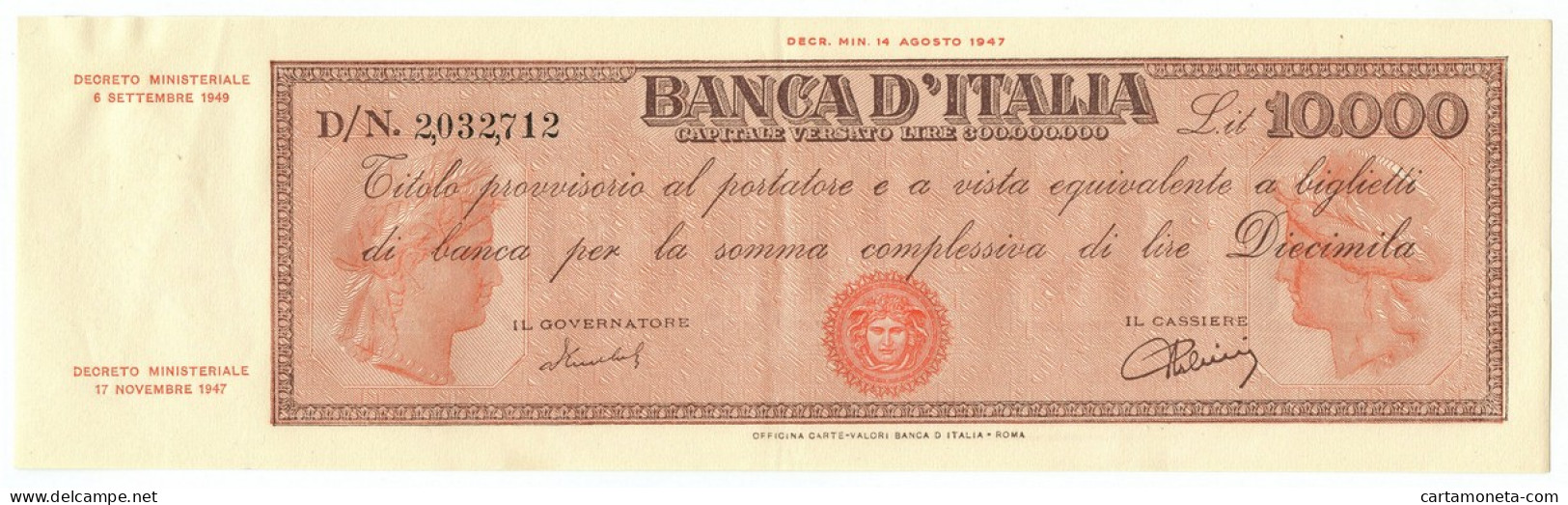 10000 LIRE TITOLO PROVVISORIO MEDUSA REPUBBLICA ITALIANA 06/09/1949 SUP- - Autres & Non Classés