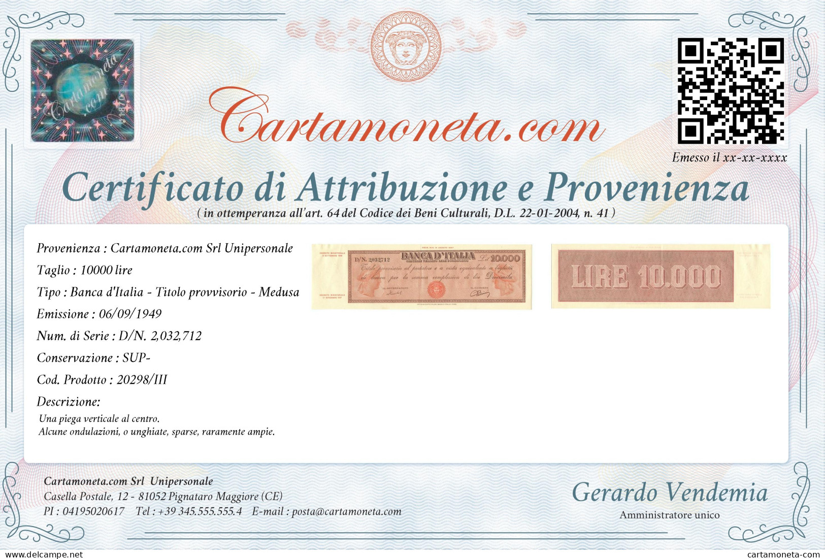10000 LIRE TITOLO PROVVISORIO MEDUSA REPUBBLICA ITALIANA 06/09/1949 SUP- - Autres & Non Classés