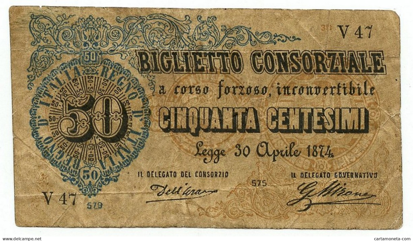 50 CENTESIMI BIGLIETTO CONSORZIALE REGNO D'ITALIA 30/04/1874 QBB - Biglietto Consorziale