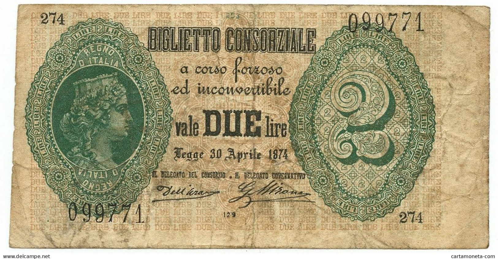 2 LIRE BIGLIETTO CONSORZIALE REGNO D'ITALIA 30/04/1874 BB - Biglietti Consorziale